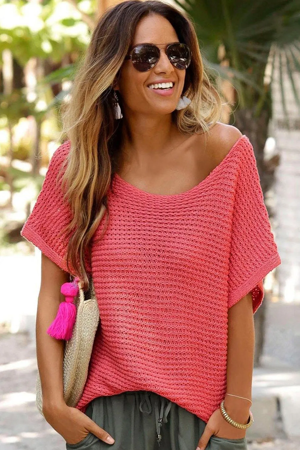 Solid Loose Knit Short Dolman Sleeve Sweater