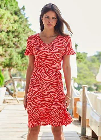 Sosandar Pink & Red Tiger Print Ruffle Hem Tie Waist Jersey Dress | Grattan