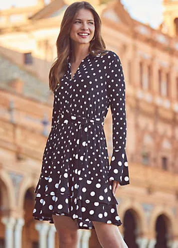 Sosandar Spot Print Ruffle Hem Belted Shirt Dress | Kaleidoscope