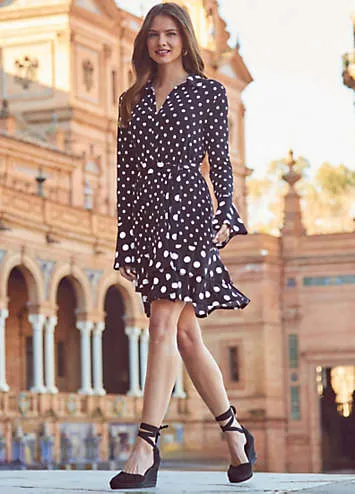 Sosandar Spot Print Ruffle Hem Belted Shirt Dress | Kaleidoscope