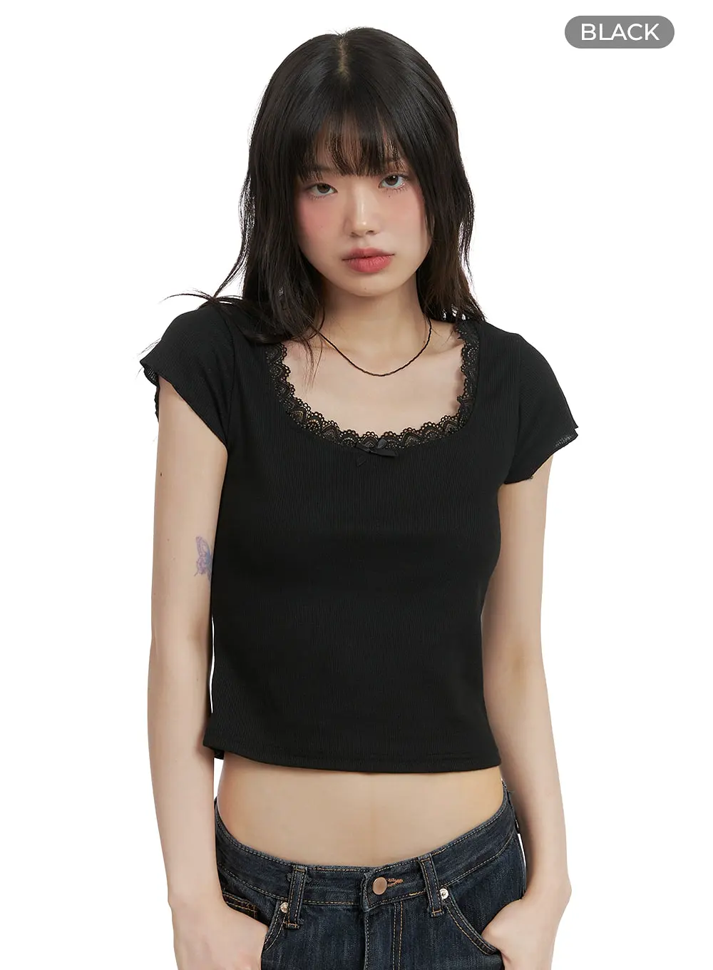 Square Neck Lace Trim Crop Top CA412