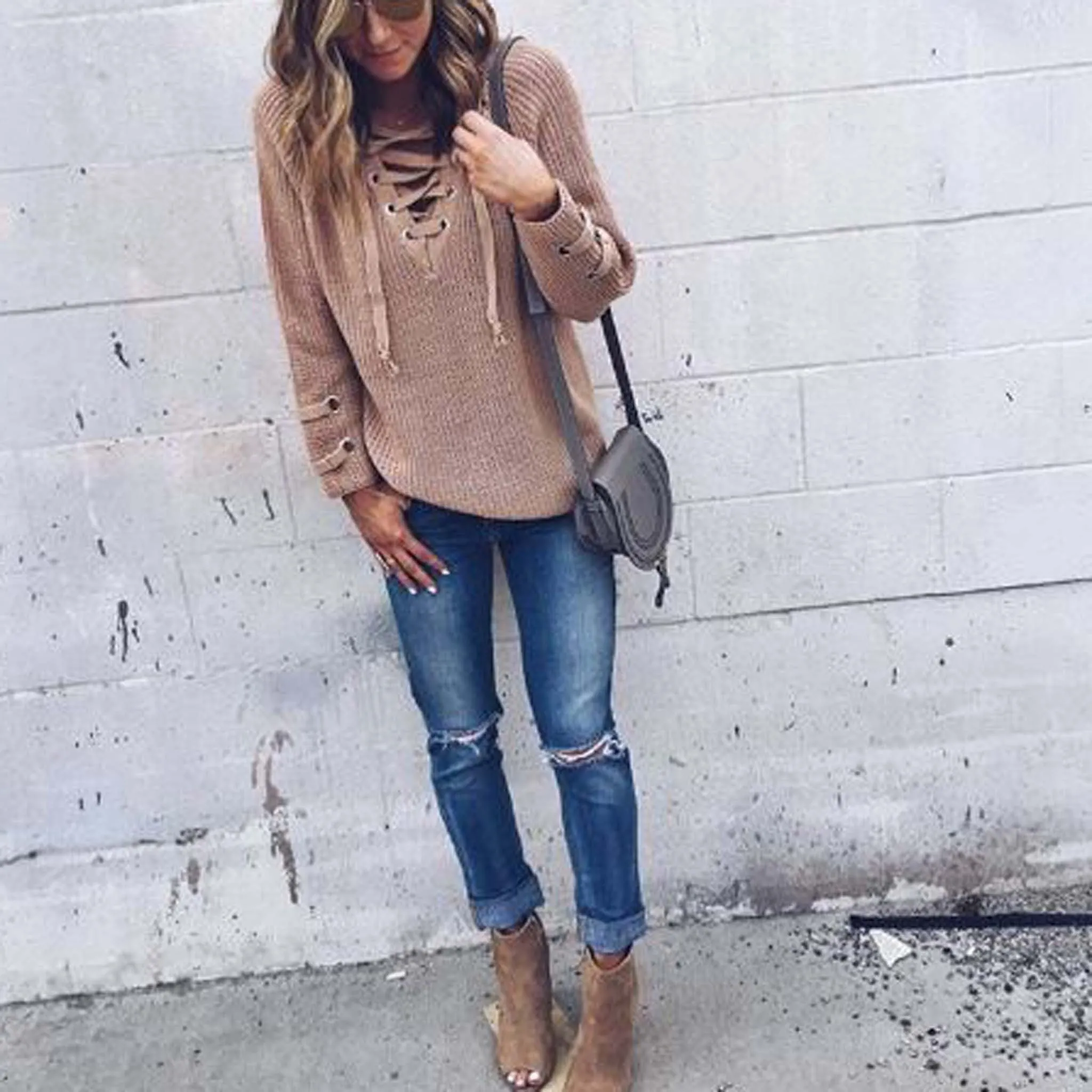 Stevie Lace-Up Sweater in Olive