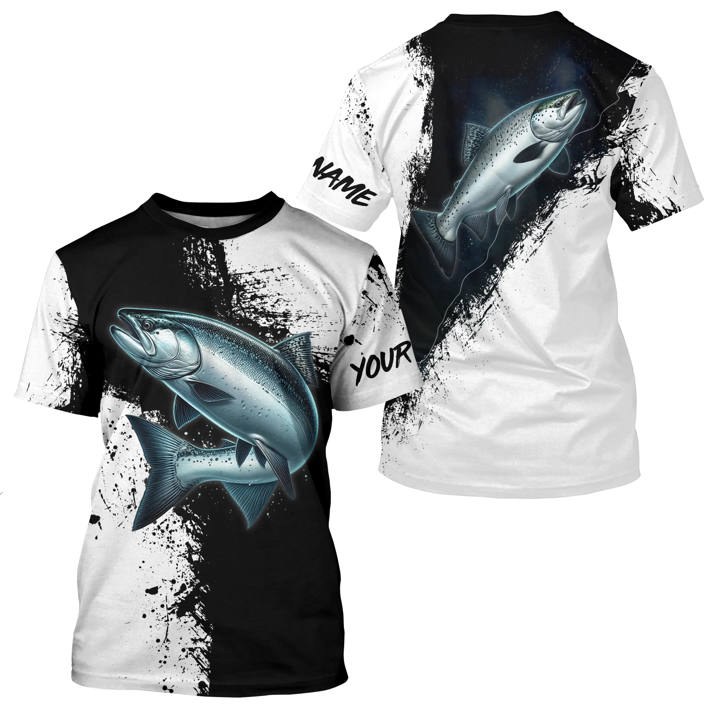 T-shirt Personnalisé Pêche Du Saumon Noir et Blanc, Cadeau Original Pêcheur - CT26072212