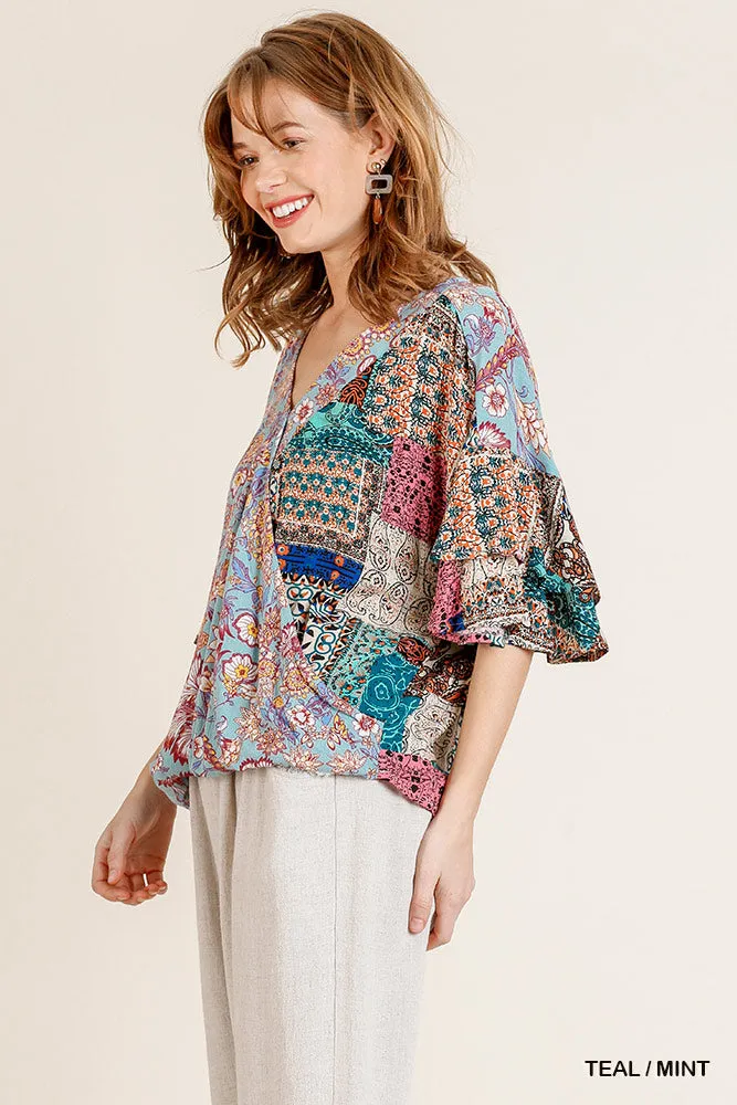 Umgee Mixed Print Layered Ruffle Sleeve V-Neck Crossbody Top with Scoop Hem