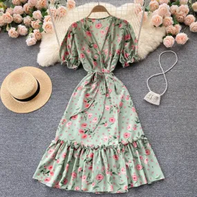 V Neck Short Puff Sleeve Floral Print Beach Summer Dress Ruffle Hem Elegant Midi Wrap Dress