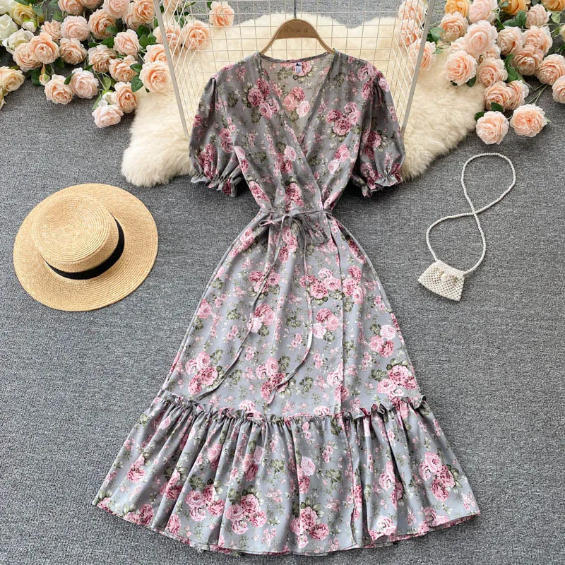 V Neck Short Puff Sleeve Floral Print Beach Summer Dress Ruffle Hem Elegant Midi Wrap Dress