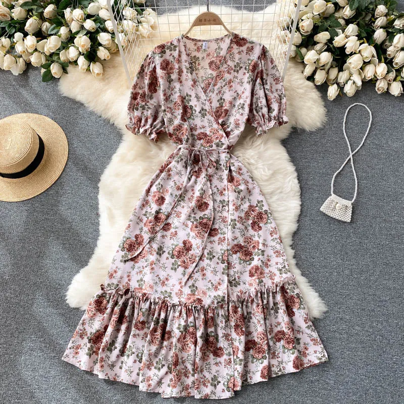 V Neck Short Puff Sleeve Floral Print Beach Summer Dress Ruffle Hem Elegant Midi Wrap Dress