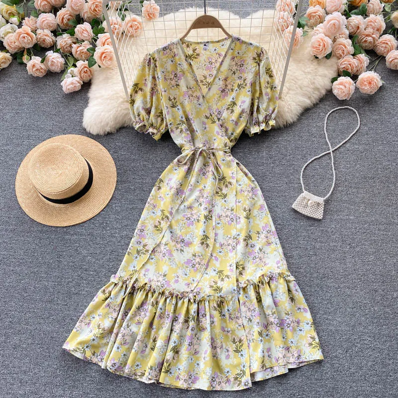 V Neck Short Puff Sleeve Floral Print Beach Summer Dress Ruffle Hem Elegant Midi Wrap Dress