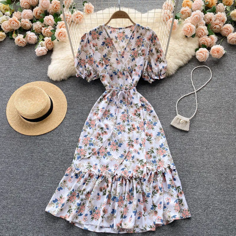 V Neck Short Puff Sleeve Floral Print Beach Summer Dress Ruffle Hem Elegant Midi Wrap Dress