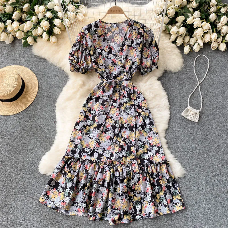 V Neck Short Puff Sleeve Floral Print Beach Summer Dress Ruffle Hem Elegant Midi Wrap Dress