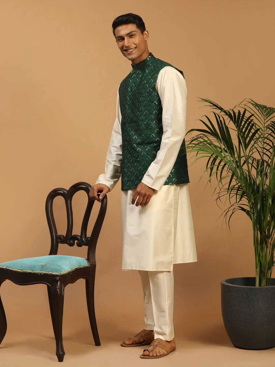 Vastramay Men's Green Embellished Jacket And Cream Kurta Pant Set