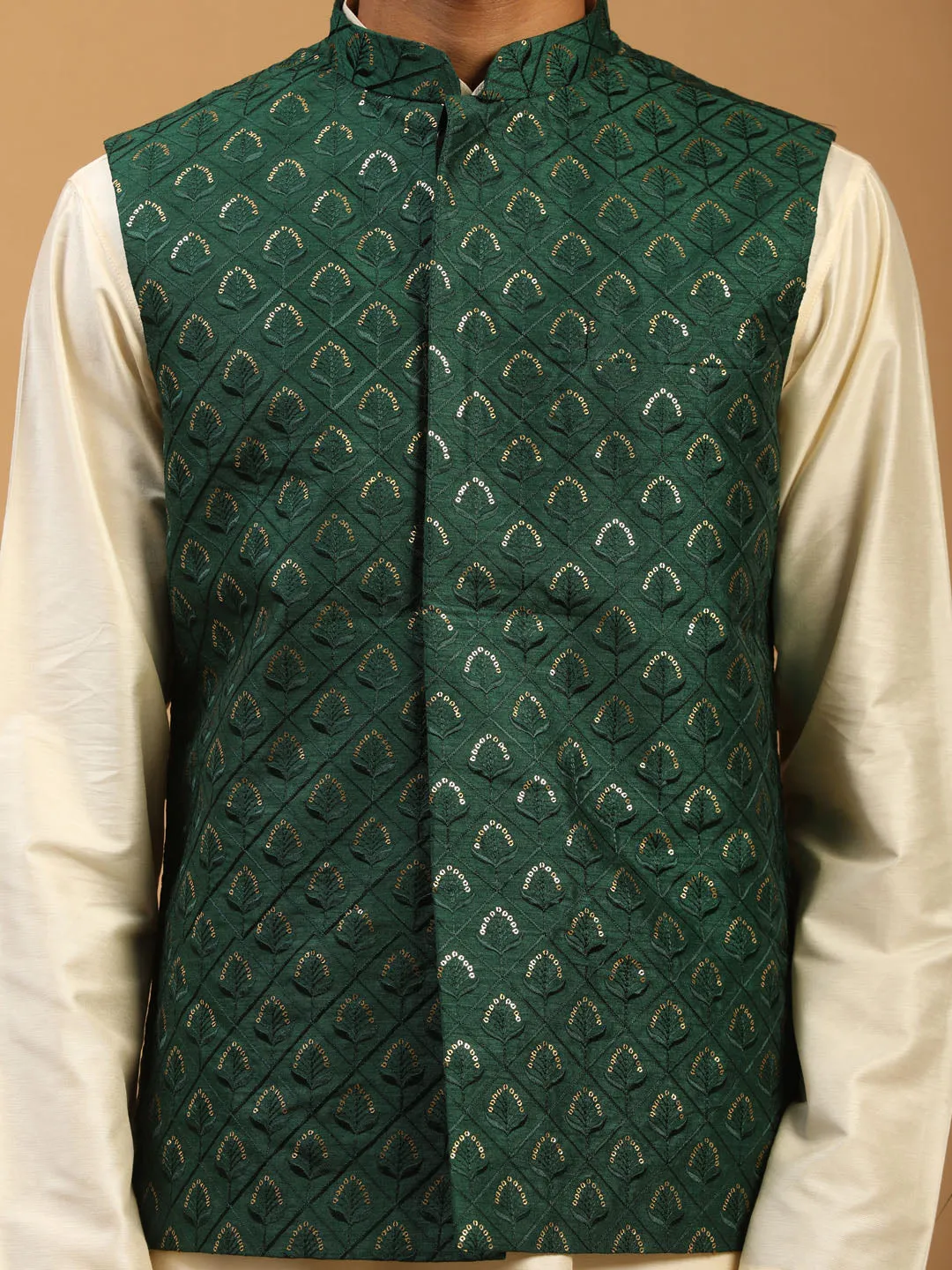 Vastramay Men's Green Embellished Jacket And Cream Kurta Pant Set