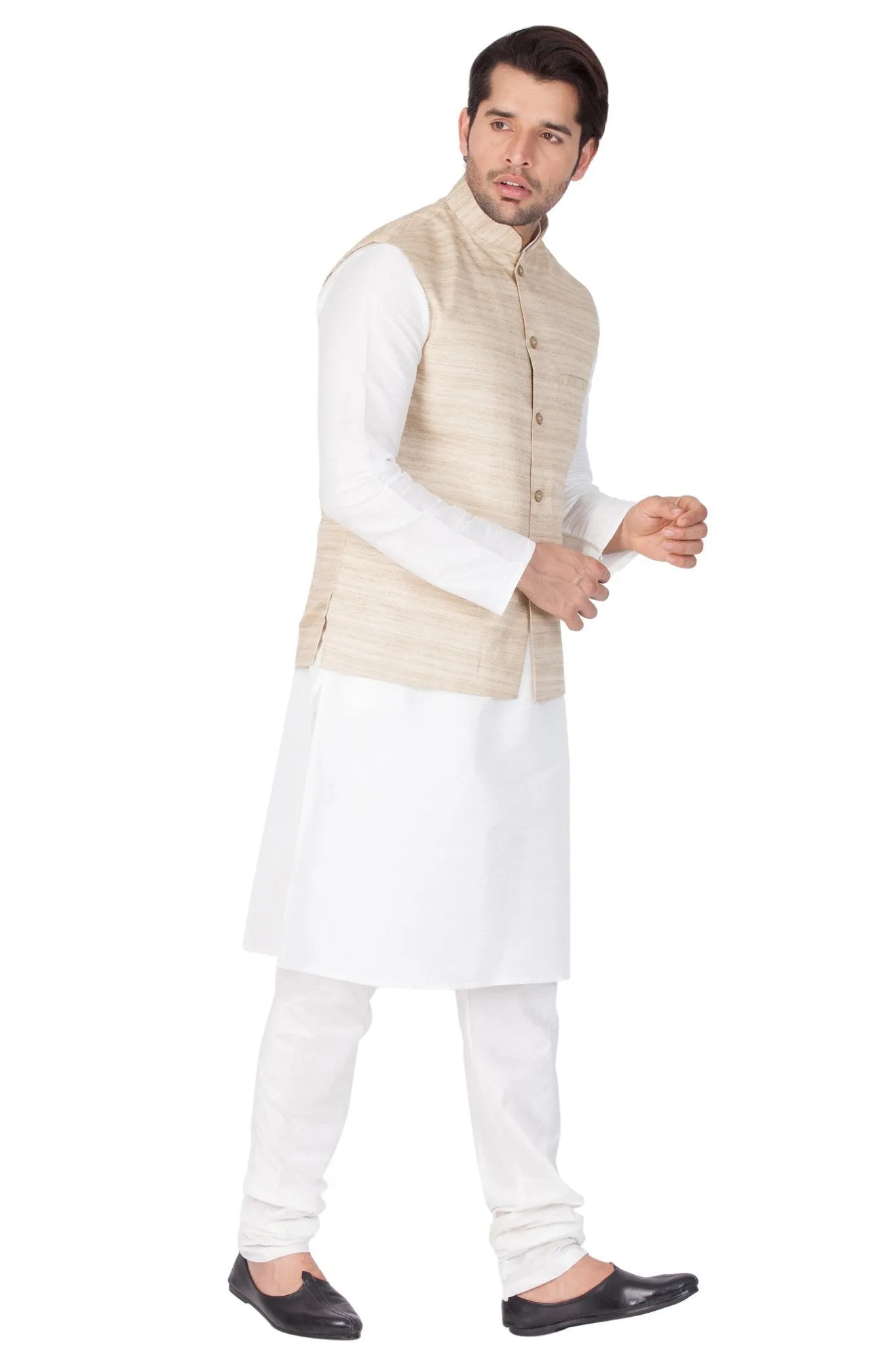 VASTRAMAY Men's White Cotton Silk Blend Kurta, Ethnic Jacket and Pyjama Set