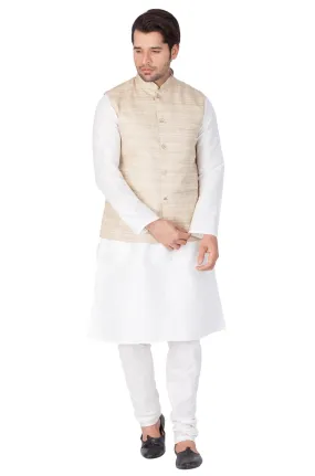 VASTRAMAY Men's White Cotton Silk Blend Kurta, Ethnic Jacket and Pyjama Set