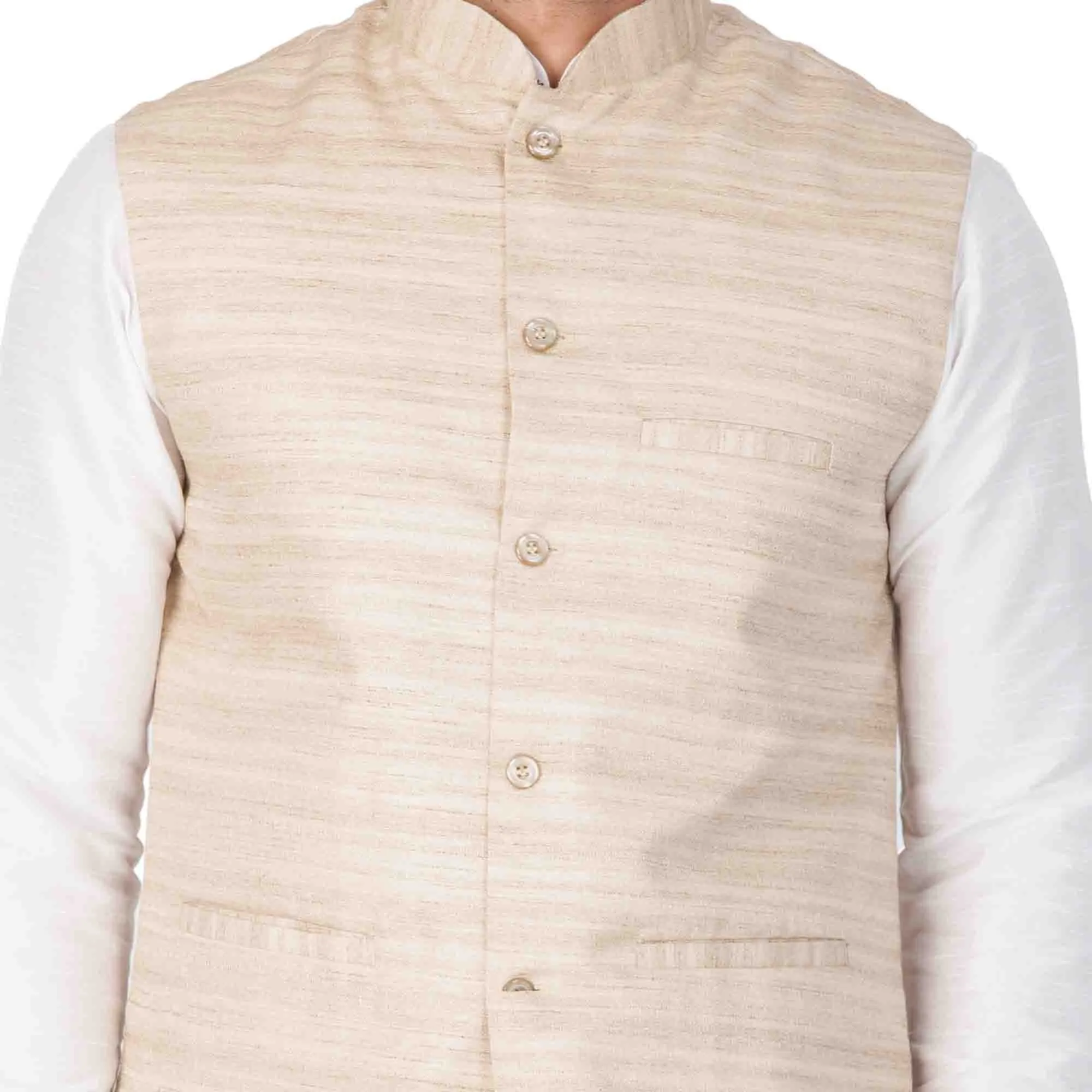 VASTRAMAY Men's White Cotton Silk Blend Kurta, Ethnic Jacket and Pyjama Set