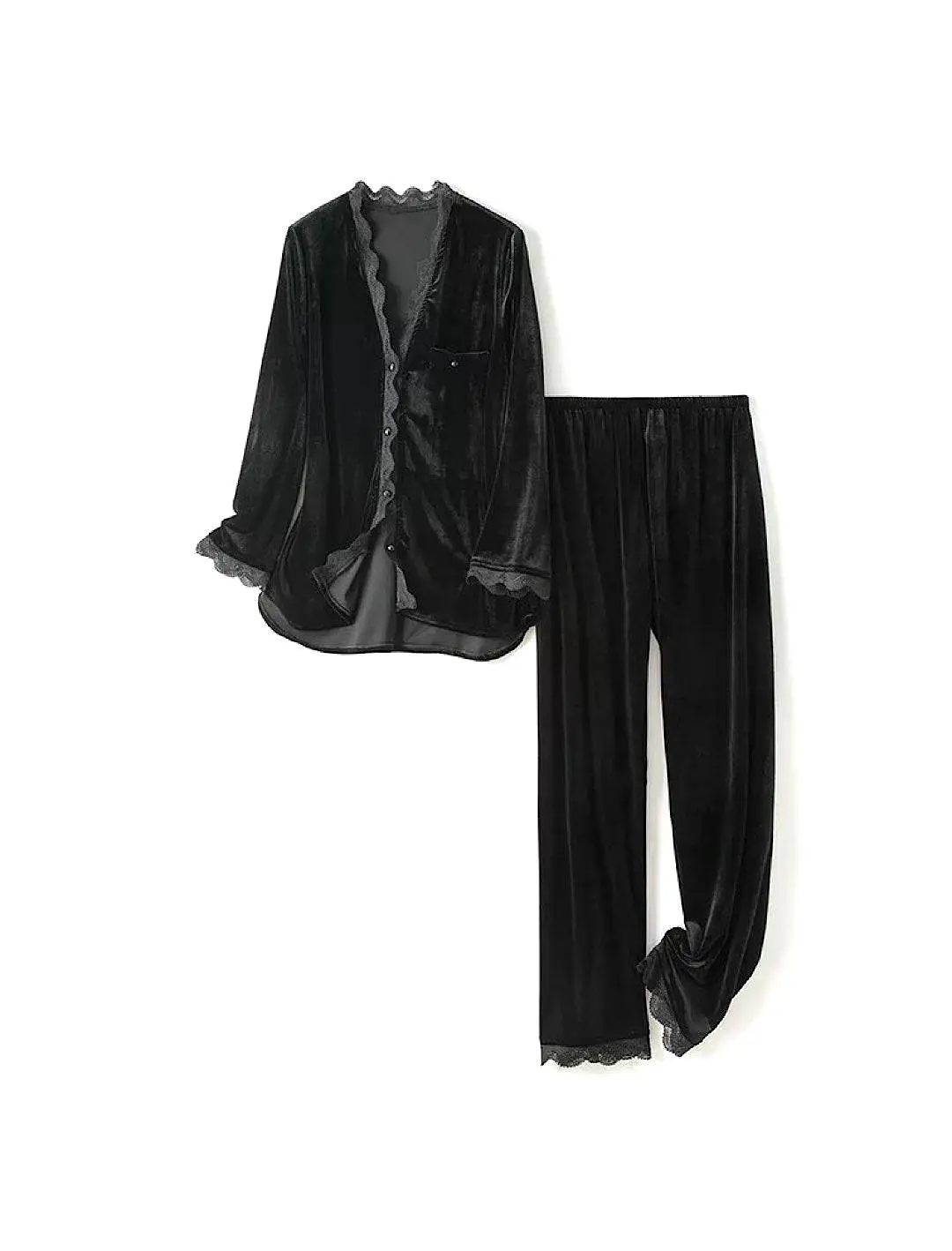 Velvet Lace Trim Long Sleeve Top and Trousers Sleepwear Set