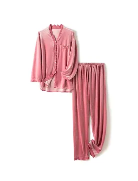 Velvet Lace Trim Long Sleeve Top and Trousers Sleepwear Set