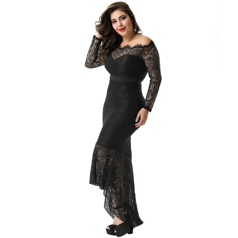 Women's Lace Floral Off-Shoulder Long Sleeve Mermaid Maxi Dress