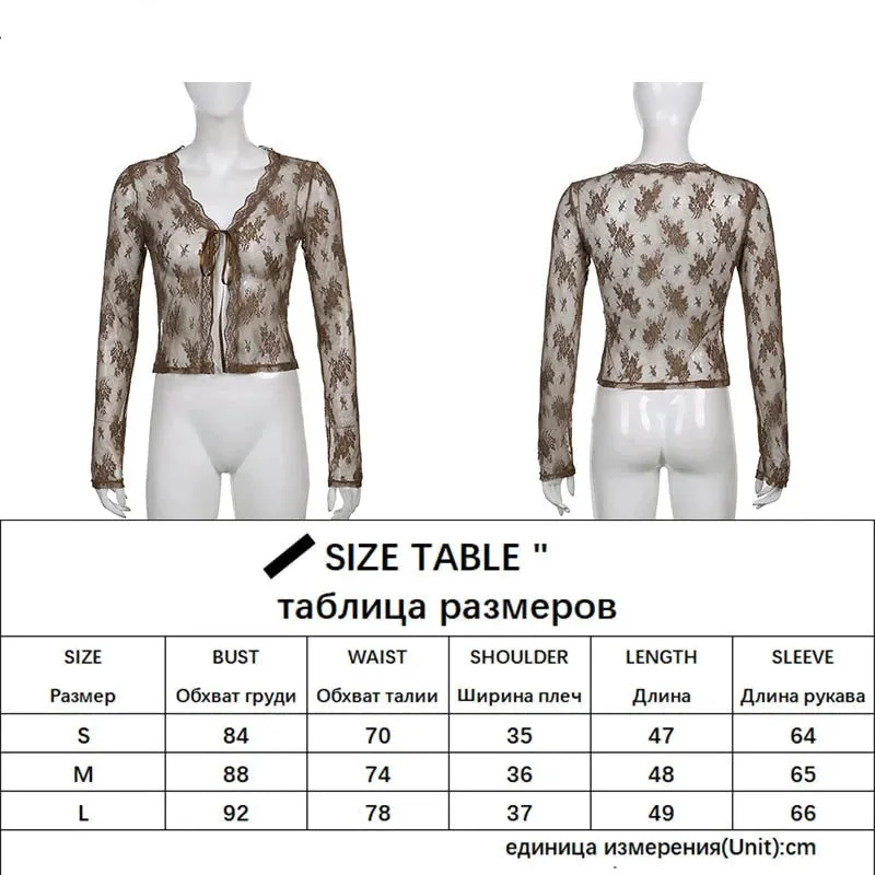 Women's See-Through Transparent Lace V Neck Long Sleeve Front Tie Shirt