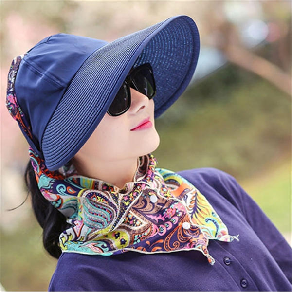 Womens Summer Outdoor Sun Protective Empty Top Beach Hat Wide Brim Anti-UV Gardening Visor Cap