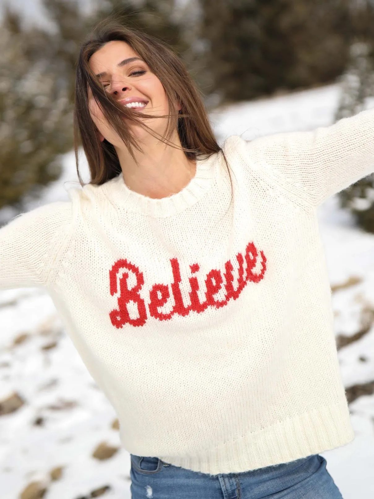 Wooden Ships Believe Sweater in Snow/Red