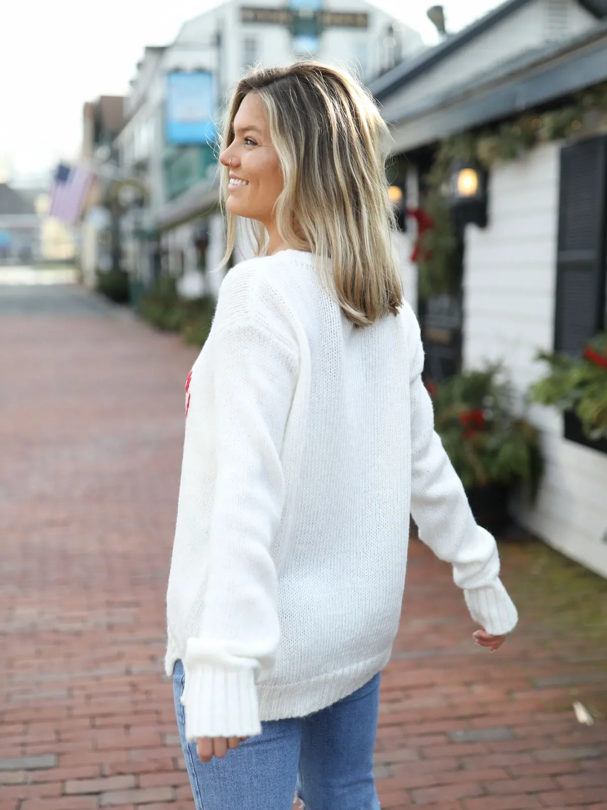 Wooden Ships Believe Sweater in Snow/Red