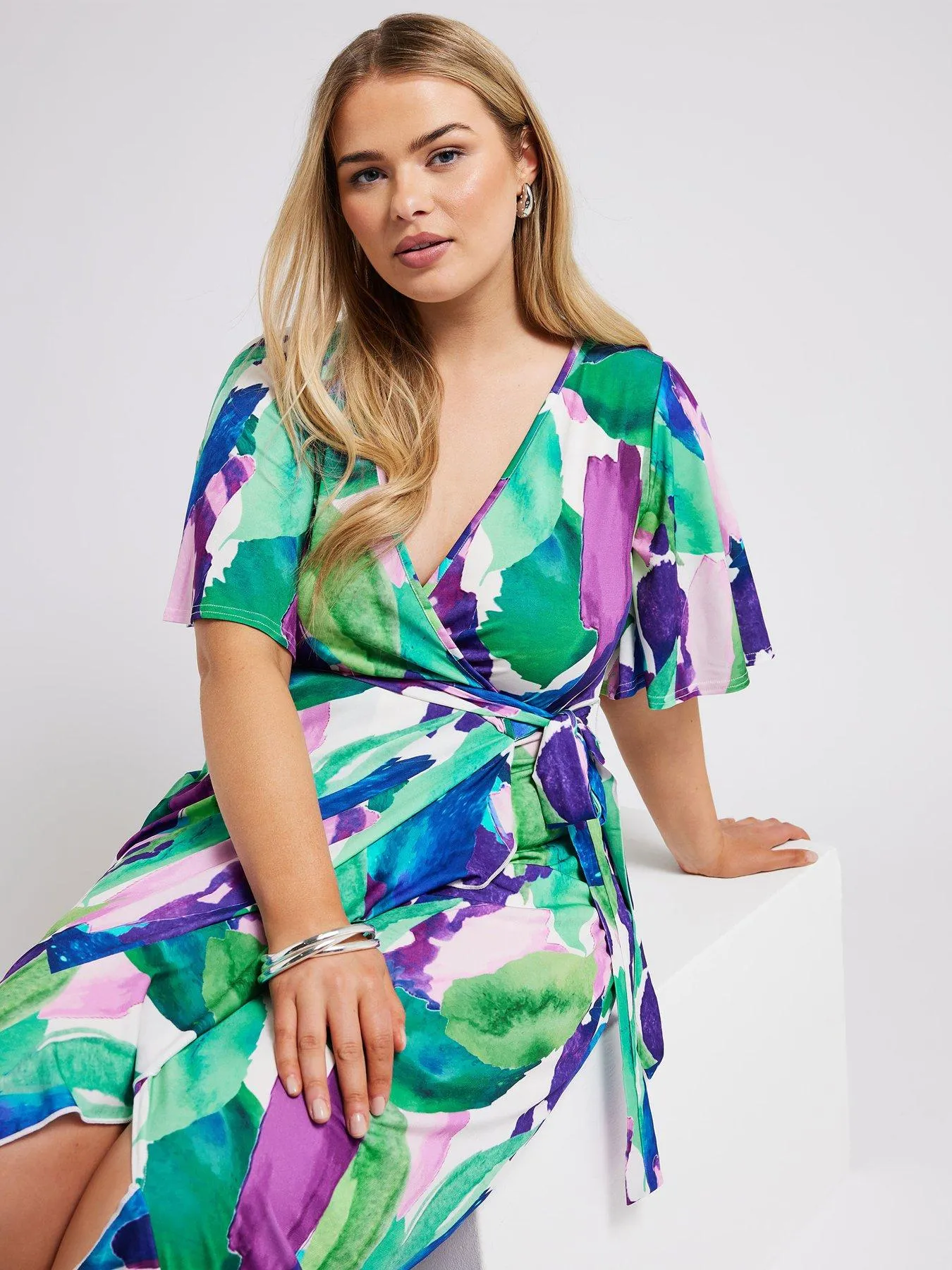 Yours Curve Abstract Floral Ruffle Hem Wrap Dress