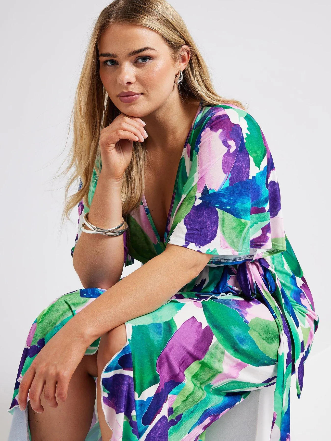 Yours Curve Abstract Floral Ruffle Hem Wrap Dress