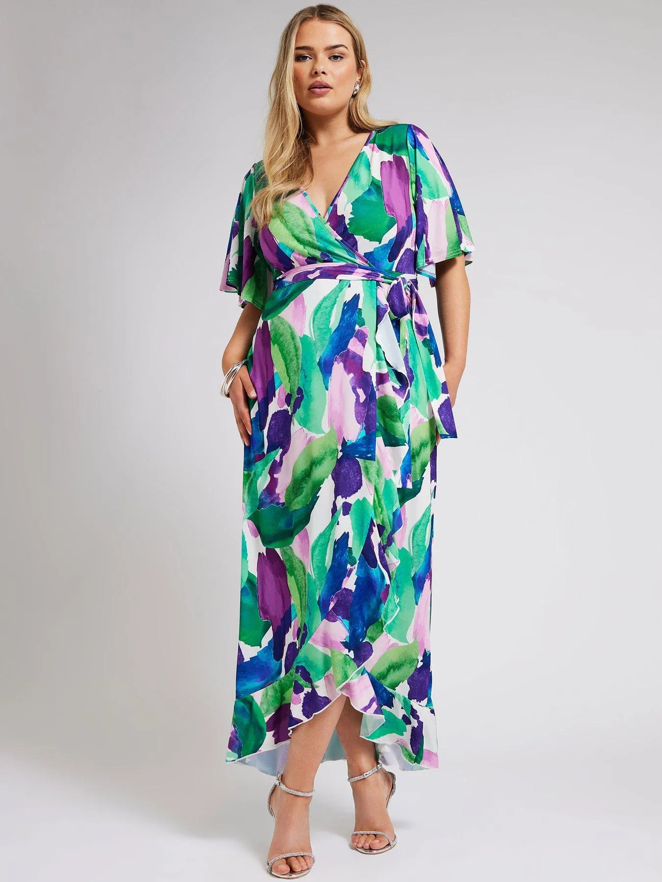 Yours Curve Abstract Floral Ruffle Hem Wrap Dress