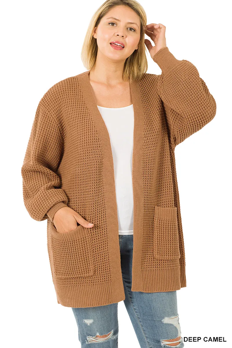 Zenana Low Gage Waffle Knit Open Cardigan Sweater - Plus Size