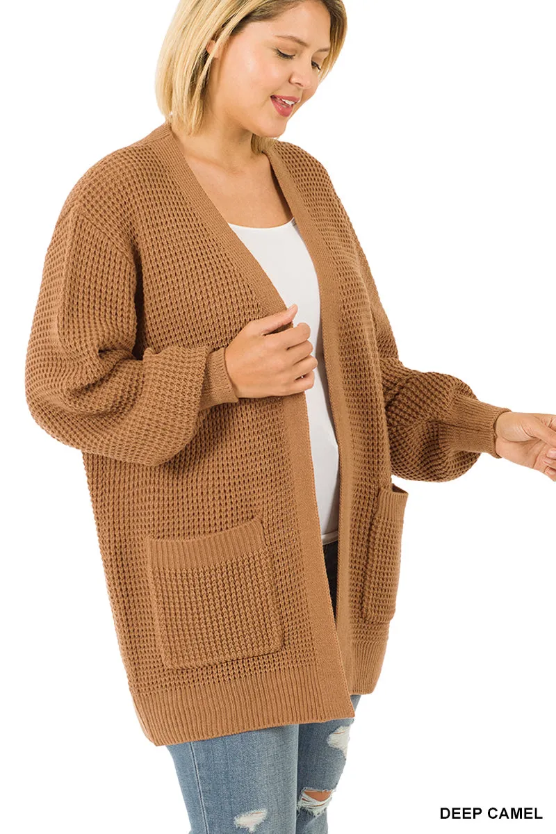 Zenana Low Gage Waffle Knit Open Cardigan Sweater - Plus Size