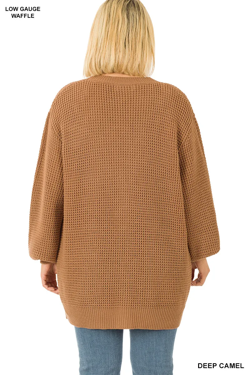 Zenana Low Gage Waffle Knit Open Cardigan Sweater - Plus Size