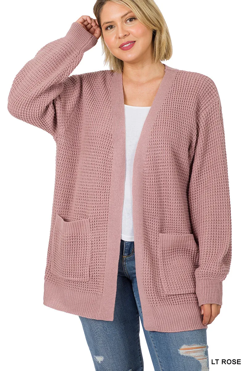 Zenana Low Gage Waffle Knit Open Cardigan Sweater - Plus Size