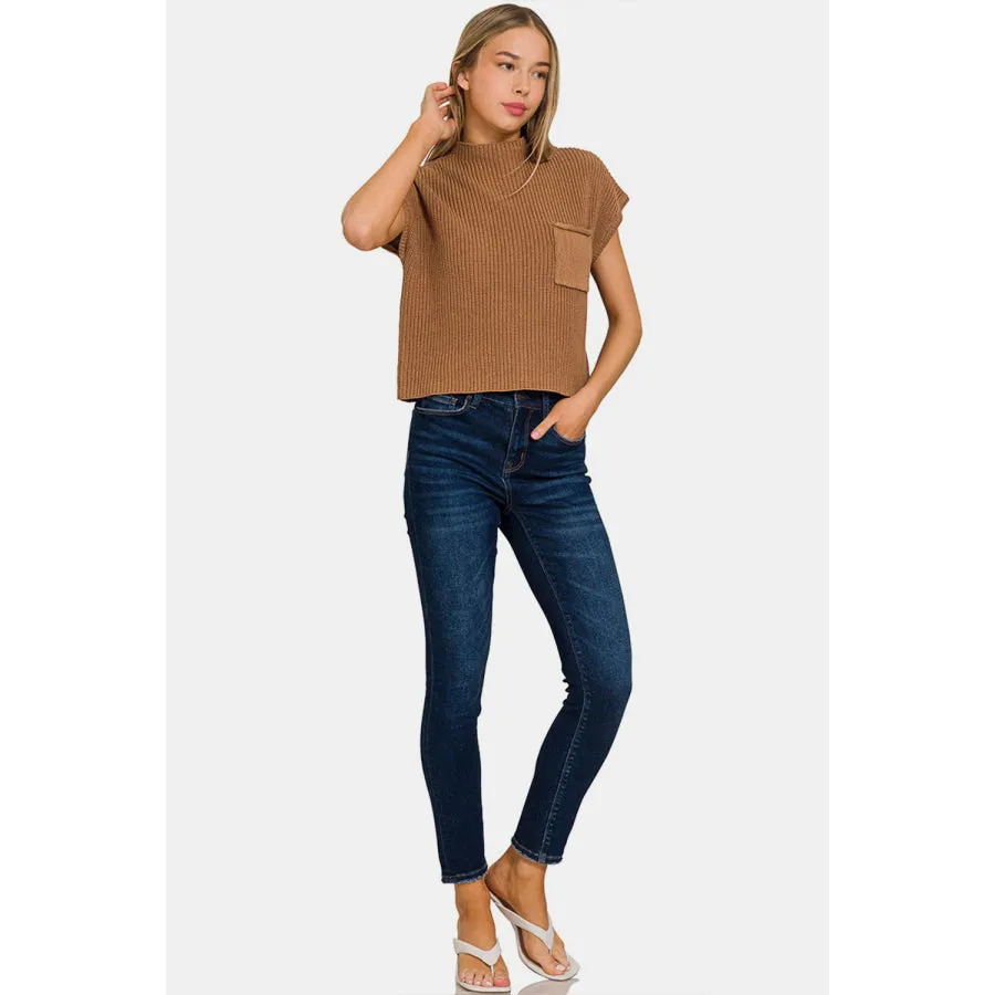 Zenana Mock Neck Short Sleeve Cropped Sweater